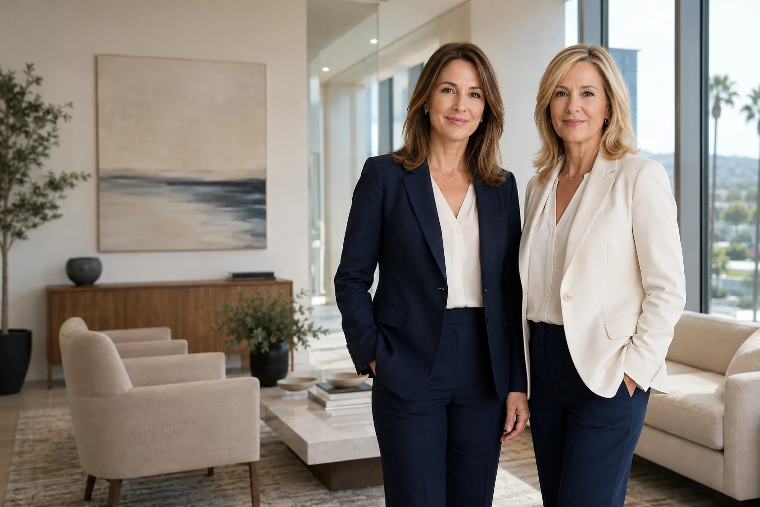 Illustrative portrait of two professional women in a bright office