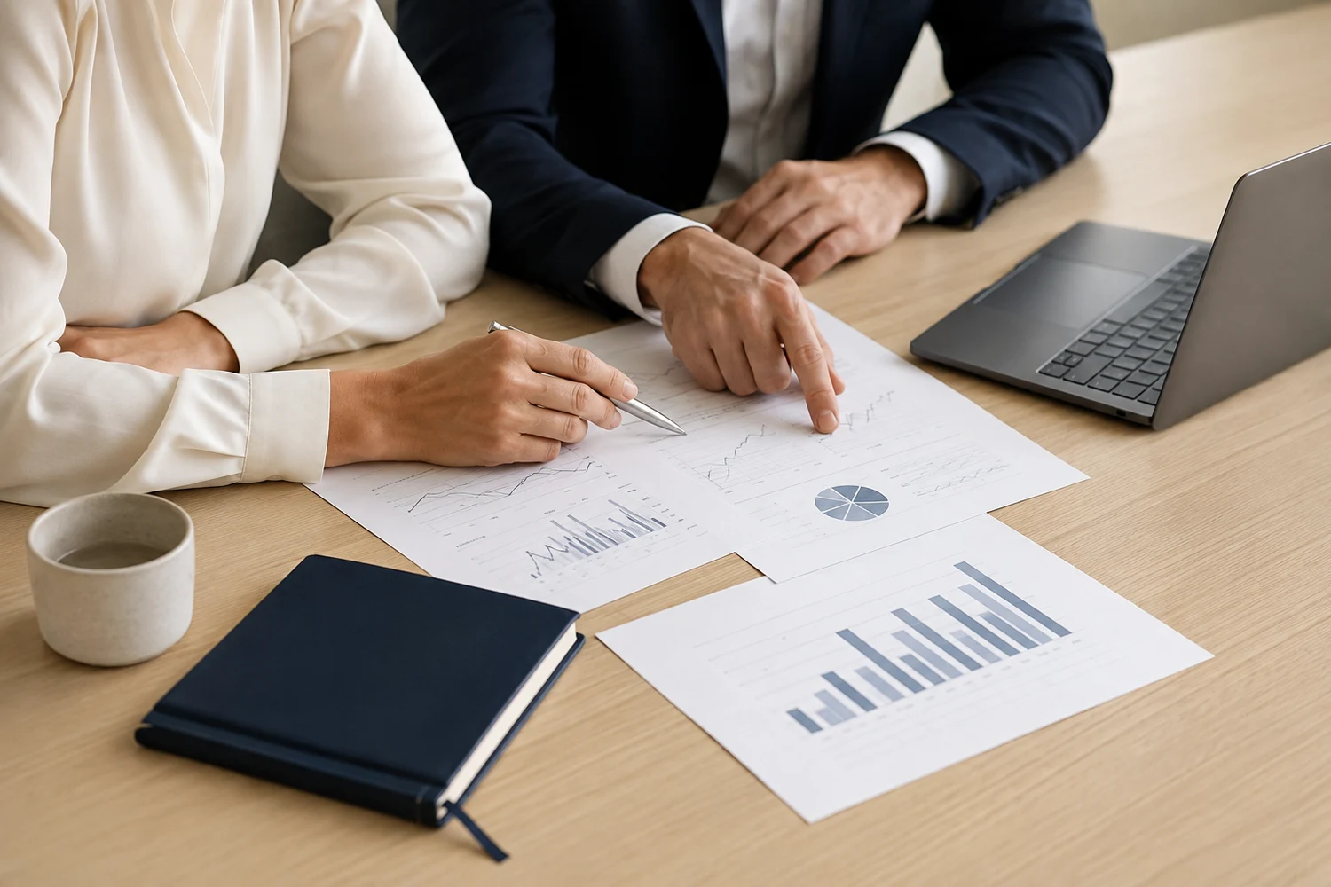 Financial records and a notebook arranged for review