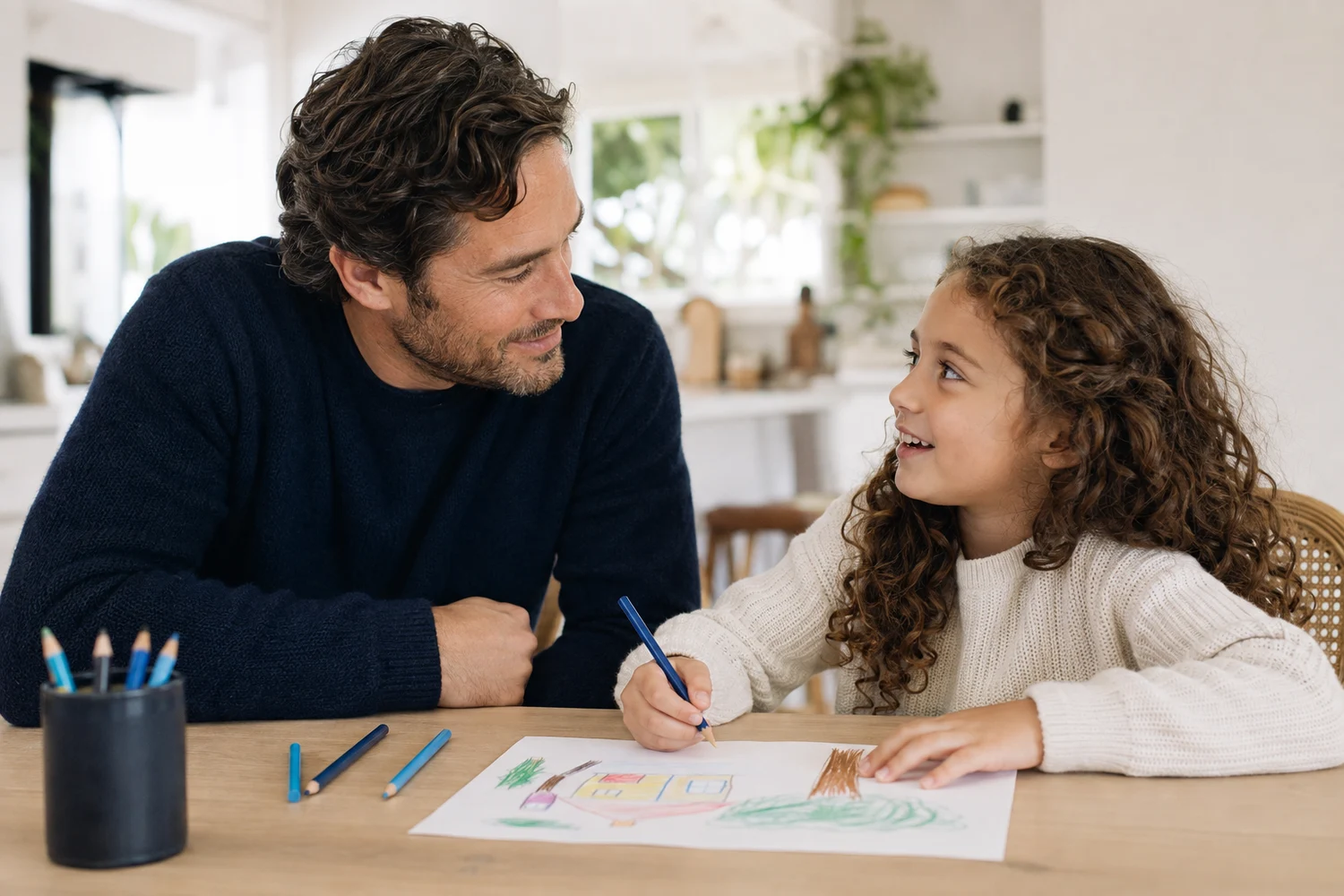 A father and daughter sharing a creative moment at home